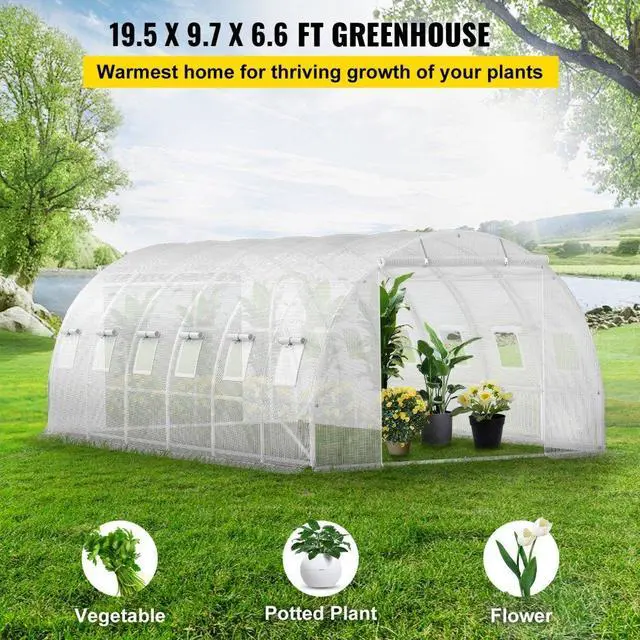 Alt view image 3 of 8 - VEVOR Walk-in Tunnel Greenhouse, 20 x 10 x 7 ft Portable Plant Hot House w/ Galvanized Steel Hoops, 3 Top Beams, Diagonal Poles, 2 Zippered Doors & 12 Roll-up Windows, White