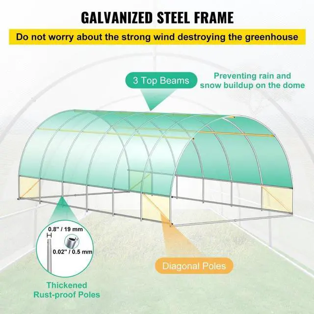 Alt view image 4 of 8 - VEVOR Walk-in Tunnel Greenhouse, 20 x 10 x 7 ft Portable Plant Hot House w/ Galvanized Steel Hoops, 3 Top Beams, Diagonal Poles, 2 Zippered Doors & 12 Roll-up Windows, White