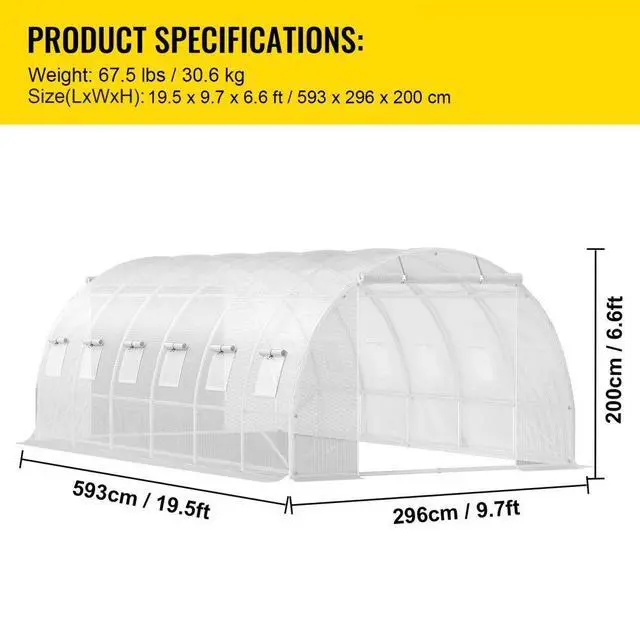 Alt view image 8 of 8 - VEVOR Walk-in Tunnel Greenhouse, 20 x 10 x 7 ft Portable Plant Hot House w/ Galvanized Steel Hoops, 3 Top Beams, Diagonal Poles, 2 Zippered Doors & 12 Roll-up Windows, White