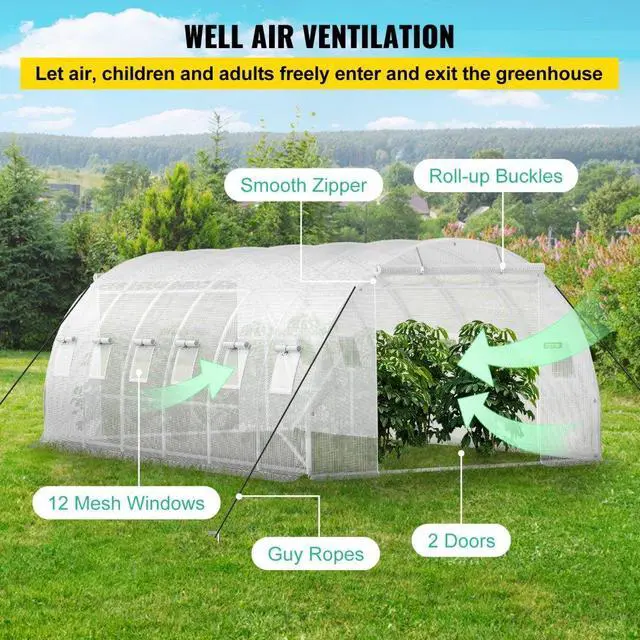 Alt view image 6 of 8 - VEVOR Walk-in Tunnel Greenhouse, 20 x 10 x 7 ft Portable Plant Hot House w/ Galvanized Steel Hoops, 3 Top Beams, Diagonal Poles, 2 Zippered Doors & 12 Roll-up Windows, White
