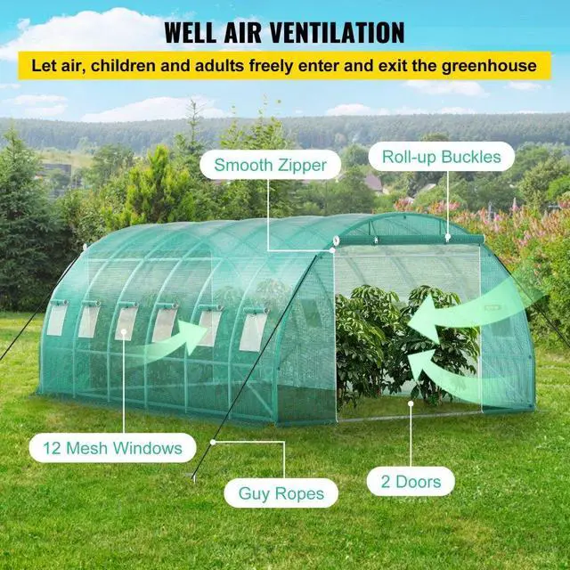 Alt view image 6 of 8 - VEVOR Walk-in Tunnel Greenhouse, 20 x 10 x 7 ft Portable Plant Hot House w/ Galvanized Steel Hoops, 3 Top Beams, Diagonal Poles, 2 Zippered Doors & 12 Roll-up Windows, Green