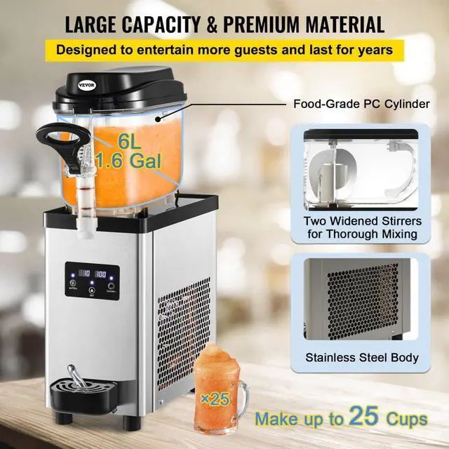 Alt view image 4 of 8 - VEVOR Commercial Slushy Machine, 6L/1.6 Gallons 25 Cups Single-Bowl, 300W 110V, Stainless Steel Margarita Smoothie Frozen Drink Maker, Slushie Machine for Supermarkets Cafes Restaurants Bars Home Use