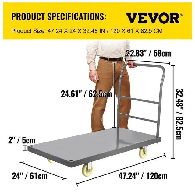 Alt view image 8 of 8 - VEVOR Platform Truck 2000 lbs Capacity 47" x 24" x 32" Flatbed Cart Hand Truck