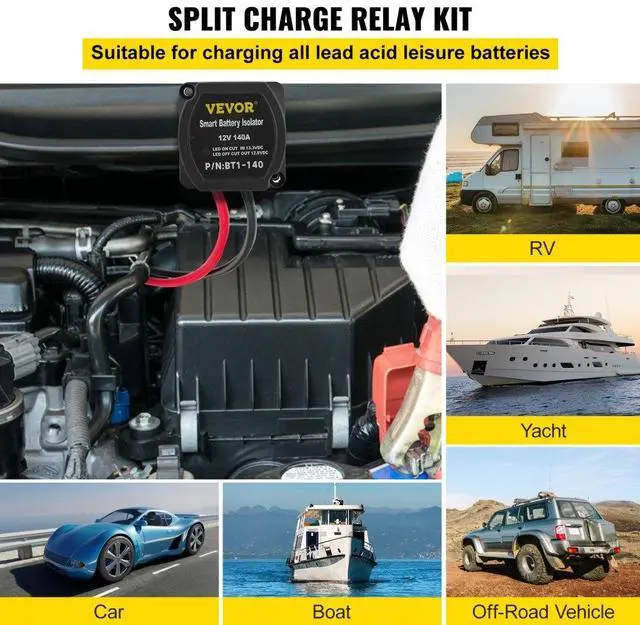Alt view image 3 of 8 - VEVOR Split Charge Relay Kit, 6mtr 12V, Automatic Dual Battery Isolator Kit with 140AMP Voltage Sense Relay VSR, Compatible with RV Marine Car Vehicle Truck Caravan Camper Yacht ATV UTV Boats Workshop