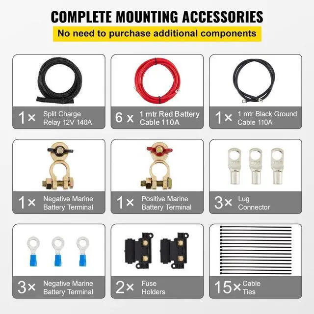 Alt view image 4 of 8 - VEVOR Split Charge Relay Kit, 6mtr 12V, Automatic Dual Battery Isolator Kit with 140AMP Voltage Sense Relay VSR, Compatible with RV Marine Car Vehicle Truck Caravan Camper Yacht ATV UTV Boats Workshop