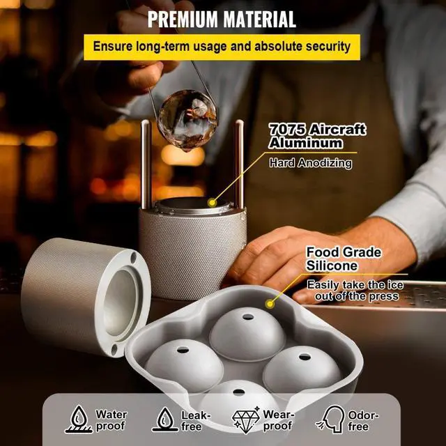 Alt view image 6 of 8 - VEVOR Ice Ball Press Kit, Anodized 7075 Aluminum, w/ Silicone Moulds, Large Mat, Stainless Steel Tong & Two Glasses, Double Size Crystal Clear Rounds for Whiskeys, Cocktails on Parties & Holidays