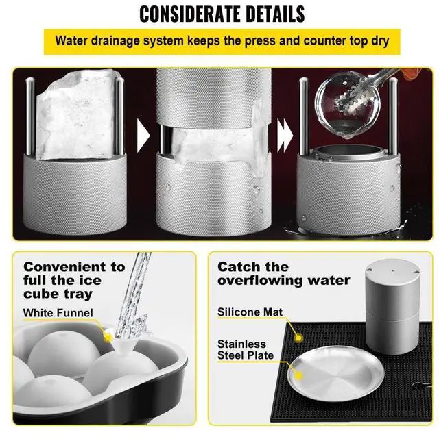 Alt view image 7 of 8 - VEVOR Ice Ball Press Kit, Anodized 7075 Aluminum, w/ Silicone Moulds, Large Mat, Stainless Steel Tong & Two Glasses, Double Size Crystal Clear Rounds for Whiskeys, Cocktails on Parties & Holidays
