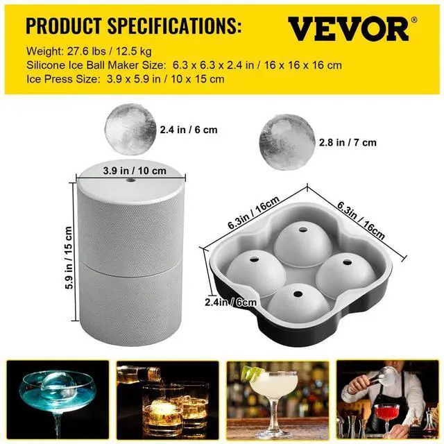 Alt view image 8 of 8 - VEVOR Ice Ball Press Kit, Anodized 7075 Aluminum, w/ Silicone Moulds, Large Mat, Stainless Steel Tong & Two Glasses, Double Size Crystal Clear Rounds for Whiskeys, Cocktails on Parties & Holidays