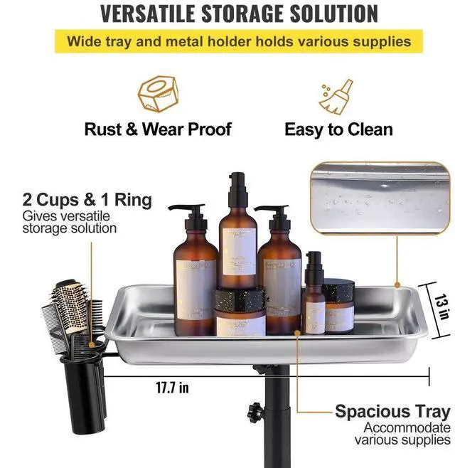 Alt view image 4 of 8 - VEVOR Mayo Stand Medical Tray, Height Adjustable Stainless Steel Salon Tray Easy Assemble Tattoo Cart Lab Tray with 2 Cups & 1 Metal Ring for SPA Clinic Personal Care Lab Hospital Dentistry, Silver