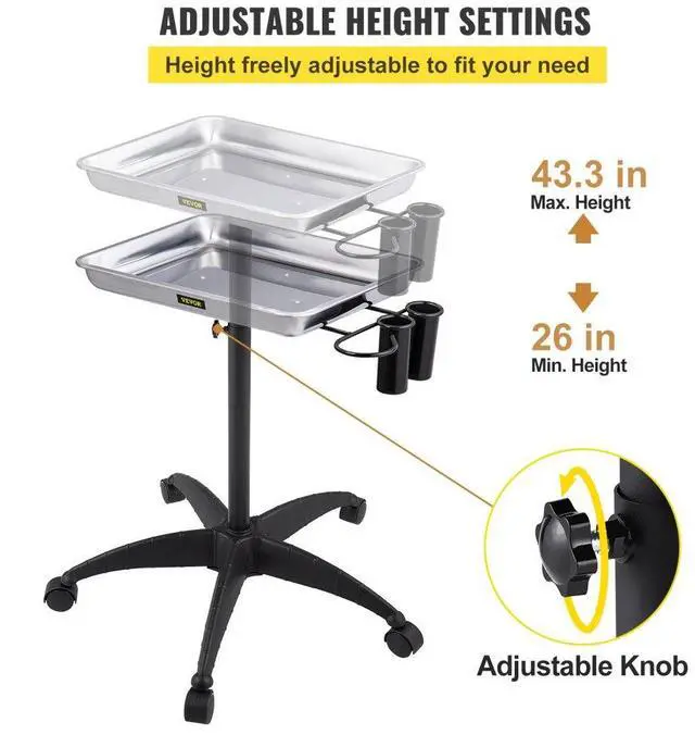Alt view image 5 of 8 - VEVOR Mayo Stand Medical Tray, Height Adjustable Stainless Steel Salon Tray Easy Assemble Tattoo Cart Lab Tray with 2 Cups & 1 Metal Ring for SPA Clinic Personal Care Lab Hospital Dentistry, Silver