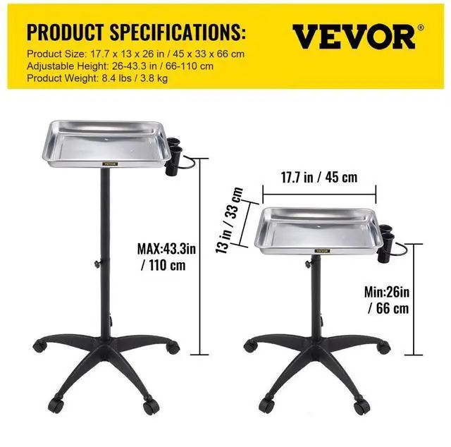Alt view image 8 of 8 - VEVOR Mayo Stand Medical Tray, Height Adjustable Stainless Steel Salon Tray Easy Assemble Tattoo Cart Lab Tray with 2 Cups & 1 Metal Ring for SPA Clinic Personal Care Lab Hospital Dentistry, Silver