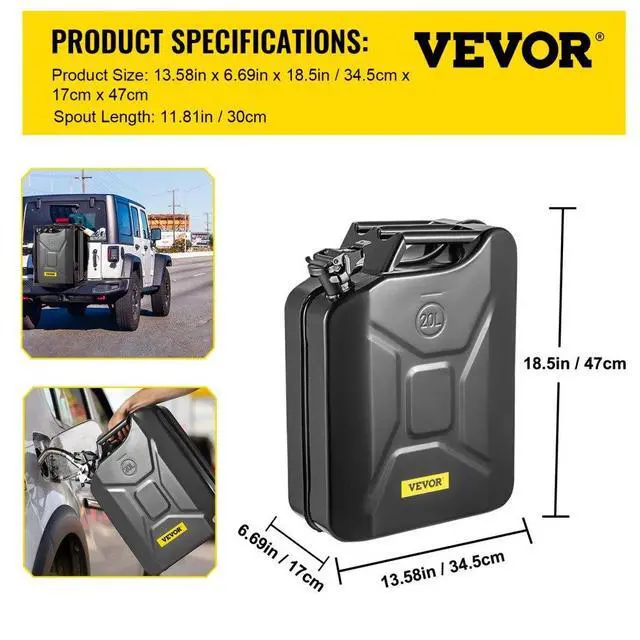 Alt view image 8 of 8 - VEVOR Jerry Fuel Can, 5.3 Gallon / 20 L Portable Jerry Gas Can with Flexible Spout System, Rustproof Heat-resistant Steel Fuel Tank for Cars Trucks Equipment, Black