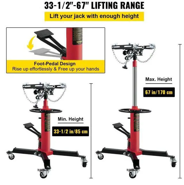 Alt view image 4 of 8 - VEVOR Transmission Jack,3/5 Ton/1322 lbs Capacity Hydraulic Telescopic Transmission Jack, 2-Stage Floor Jack Stand with Foot Pedal, 360 Swivel Wheel, Garage/Shop Lift Hoist, Red