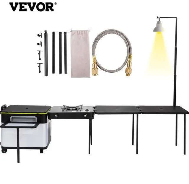Alt view image 2 of 8 - VEVOR Outdoor Mobile Kitchen, Portable Multifunctional Camp Box with Wheels All in One Integrated Cooking Station with Windproof Stove, Folding Tables Storage Organizer, Black