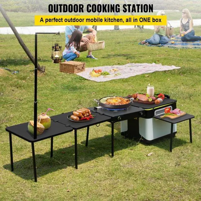 Alt view image 3 of 8 - VEVOR Outdoor Mobile Kitchen, Portable Multifunctional Camp Box with Wheels All in One Integrated Cooking Station with Windproof Stove, Folding Tables Storage Organizer, Black