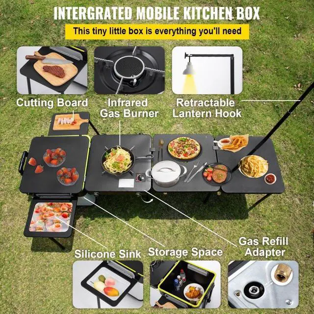 Alt view image 4 of 8 - VEVOR Outdoor Mobile Kitchen, Portable Multifunctional Camp Box with Wheels All in One Integrated Cooking Station with Windproof Stove, Folding Tables Storage Organizer, Black