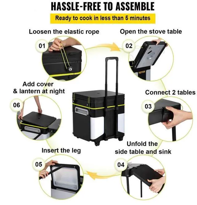 Alt view image 6 of 8 - VEVOR Outdoor Mobile Kitchen, Portable Multifunctional Camp Box with Wheels All in One Integrated Cooking Station with Windproof Stove, Folding Tables Storage Organizer, Black