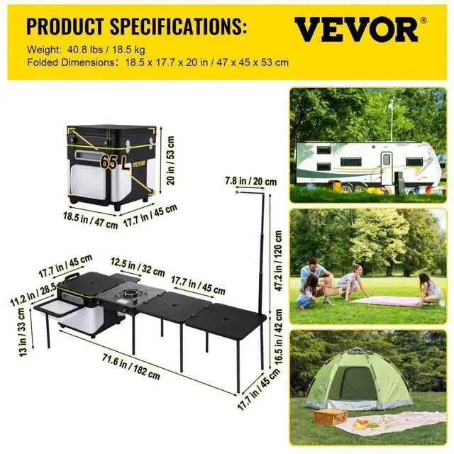 Alt view image 8 of 8 - VEVOR Outdoor Mobile Kitchen, Portable Multifunctional Camp Box with Wheels All in One Integrated Cooking Station with Windproof Stove, Folding Tables Storage Organizer, Black