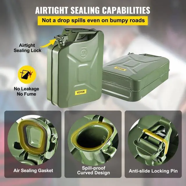 Alt view image 5 of 8 - VEVOR Jerry Fuel Can, 5.3 Gallon / 20 L Portable Jerry Gas Can with Flexible Spout System, Rustproof Heat-resistant Steel Fuel Tank for Cars Trucks Equipment, 2PCS Green
