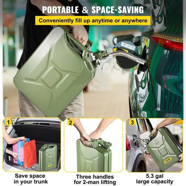 Alt view image 7 of 8 - VEVOR Jerry Fuel Can, 5.3 Gallon / 20 L Portable Jerry Gas Can with Flexible Spout System, Rustproof Heat-resistant Steel Fuel Tank for Cars Trucks Equipment, 2PCS Green
