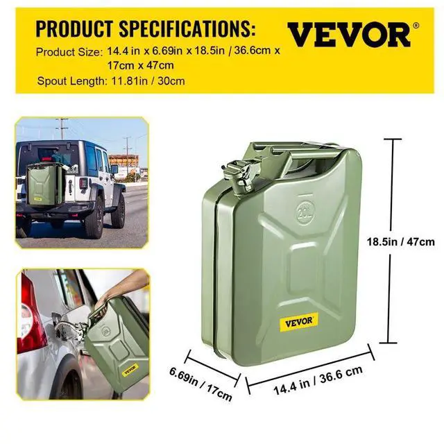 Alt view image 8 of 8 - VEVOR Jerry Fuel Can, 5.3 Gallon / 20 L Portable Jerry Gas Can with Flexible Spout System, Rustproof Heat-resistant Steel Fuel Tank for Cars Trucks Equipment, 2PCS Green