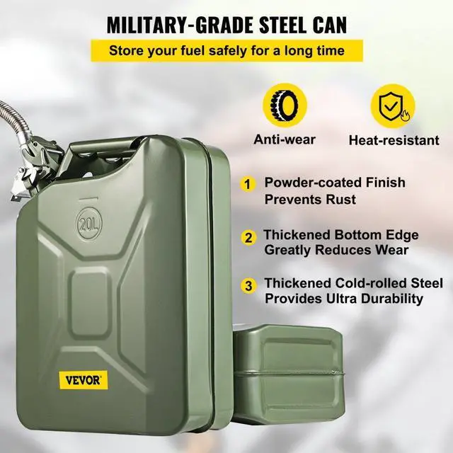 Alt view image 4 of 8 - VEVOR Jerry Fuel Can, 5.3 Gallon / 20 L Portable Jerry Gas Can with Flexible Spout System, Rustproof Heat-resistant Steel Fuel Tank for Cars Trucks Equipment, 2PCS Green
