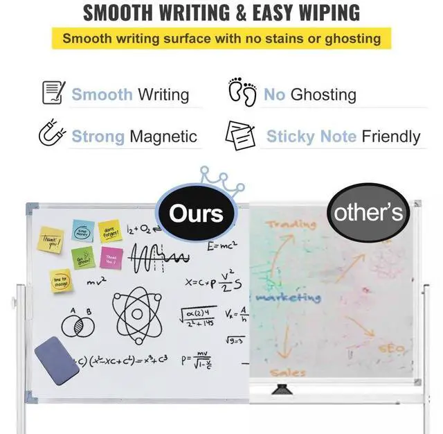 Alt view image 4 of 8 - VEVOR Mobile Magnetic Whiteboard, 36 x 24 Inch, Double Sided, 360 Degree Reversible Rolling Dry Erase Board, Height Adjustable with Aluminum Frame and Lockable Swivel Wheels, for Office School Home