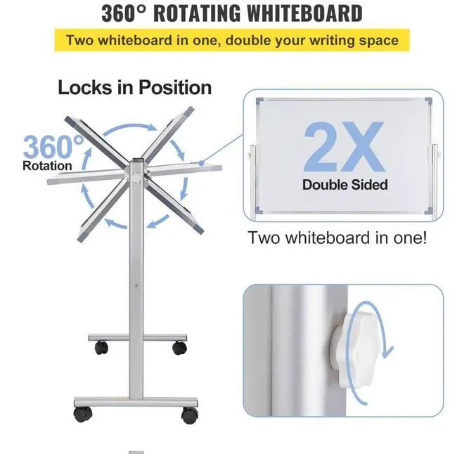 Alt view image 5 of 8 - VEVOR Mobile Magnetic Whiteboard, 36 x 24 Inch, Double Sided, 360 Degree Reversible Rolling Dry Erase Board, Height Adjustable with Aluminum Frame and Lockable Swivel Wheels, for Office School Home