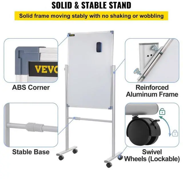 Alt view image 7 of 8 - VEVOR Mobile Magnetic Whiteboard, 36 x 24 Inch, Double Sided, 360 Degree Reversible Rolling Dry Erase Board, Height Adjustable with Aluminum Frame and Lockable Swivel Wheels, for Office School Home