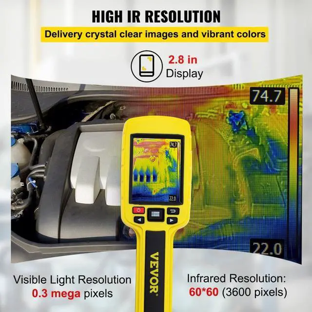 Alt view image 5 of 9 - VEVOR Thermal Imaging Camera, 60x60 (3600 Pixels) IR Resolution Infrared Camera with 2.8" Color Display Screen, Built-in SD Card and Li-ion Battery, for HVAC, Electrical System Automatic Detect