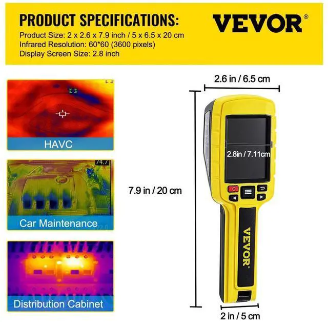 Alt view image 9 of 9 - VEVOR Thermal Imaging Camera, 60x60 (3600 Pixels) IR Resolution Infrared Camera with 2.8" Color Display Screen, Built-in SD Card and Li-ion Battery, for HVAC, Electrical System Automatic Detect