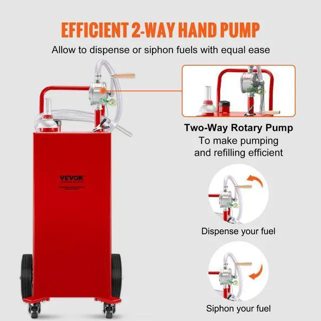 Alt view image 4 of 15 - VEVOR 30 Gallon Fuel Caddy, Gas Storage Tank & 4 Wheels, with Manuel Transfer Pump, Gasoline Diesel Fuel Container for Cars, Lawn Mowers, ATVs, Boats, More, Red