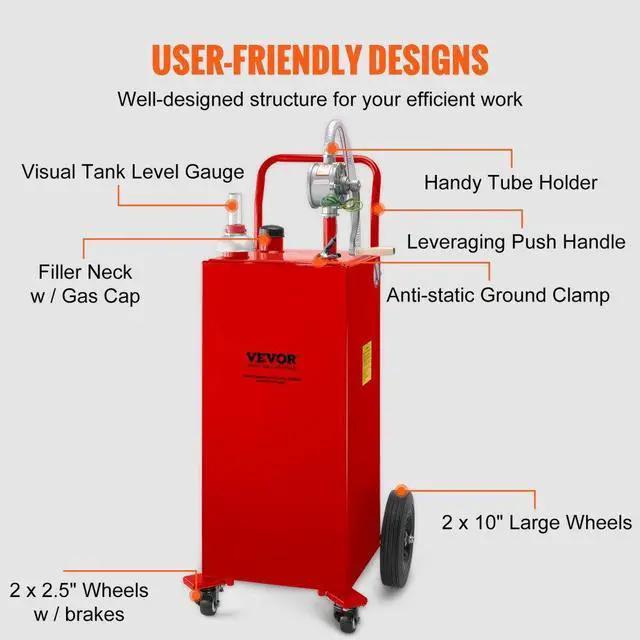 Alt view image 5 of 15 - VEVOR 30 Gallon Fuel Caddy, Gas Storage Tank & 4 Wheels, with Manuel Transfer Pump, Gasoline Diesel Fuel Container for Cars, Lawn Mowers, ATVs, Boats, More, Red