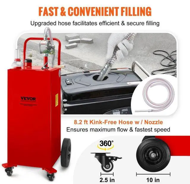 Alt view image 7 of 15 - VEVOR 30 Gallon Fuel Caddy, Gas Storage Tank & 4 Wheels, with Manuel Transfer Pump, Gasoline Diesel Fuel Container for Cars, Lawn Mowers, ATVs, Boats, More, Red