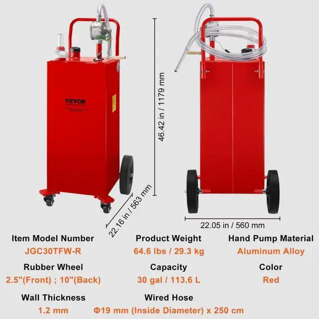 Alt view image 8 of 15 - VEVOR 30 Gallon Fuel Caddy, Gas Storage Tank & 4 Wheels, with Manuel Transfer Pump, Gasoline Diesel Fuel Container for Cars, Lawn Mowers, ATVs, Boats, More, Red
