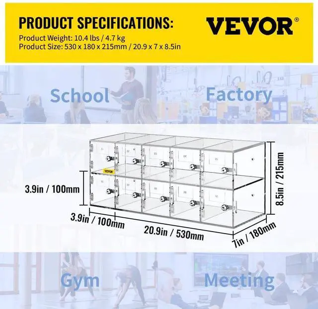 Alt view image 8 of 8 - VEVOR Cell Phone Storage Locker, 10 Slots Acrylic Material with Door Locks and Keys, Wall-Mounted Cabinet Pocket Office Classroom Gym Box, Clear