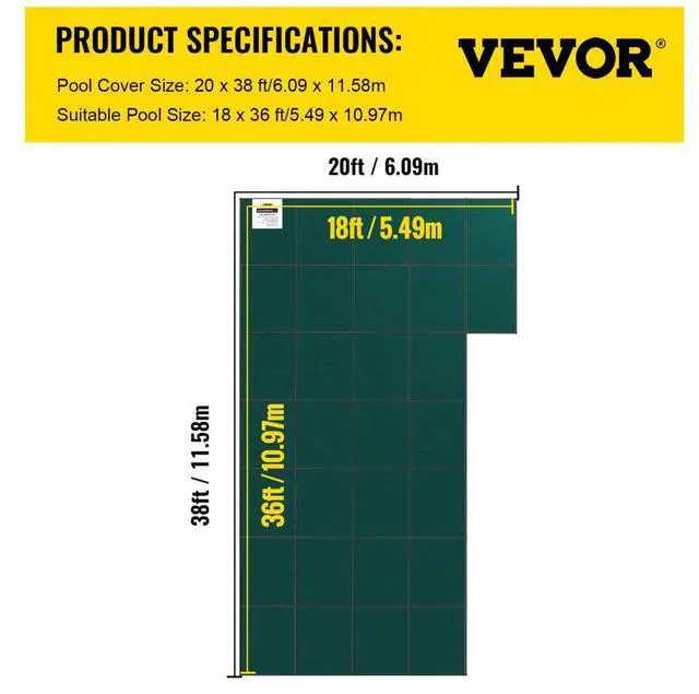 Alt view image 8 of 8 - VEVOR IngroundPool Safety Cover, 20ftx 38 ftRectangular Winter Pool Cover with Right Step, Triple Stitched, High Strength Mesh PP Material, Good Rain Permeability, Installation Hardware Included