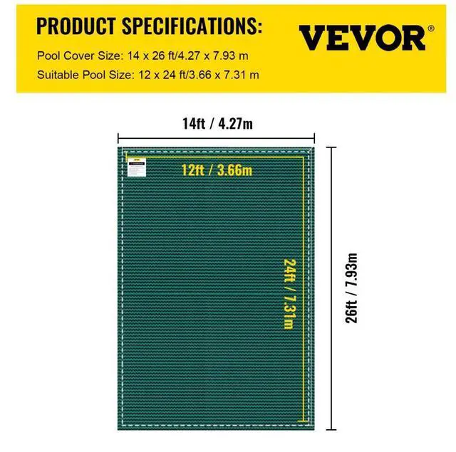 Alt view image 8 of 8 - VEVOR IngroundPool Safety Cover, 14ftx 26 ftRectangular Winter Pool Cover,Triple Stitched, High Strength Mesh PP Material with Good Rain Permeability, Installation Hardware Included, Green