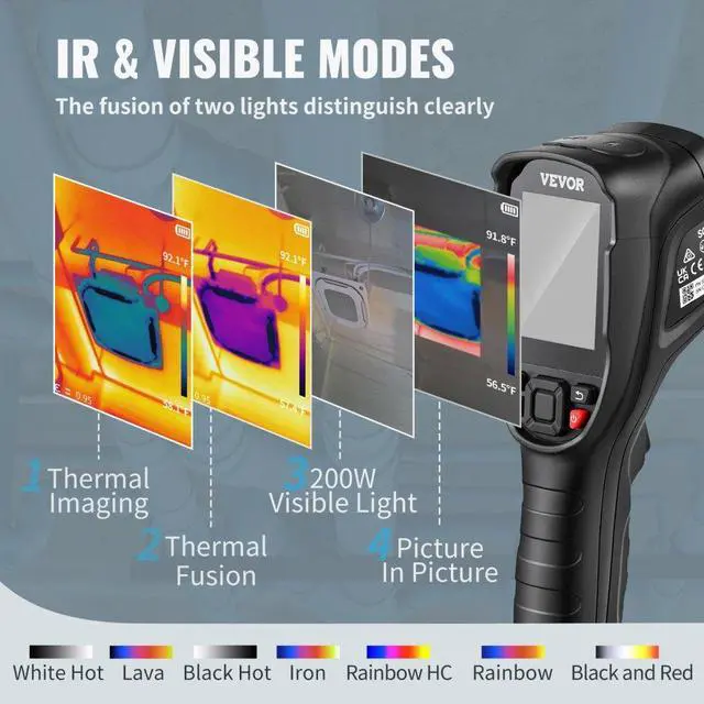 Alt view image 5 of 8 - VEVOR Thermal Imaging Camera, 240x180 IR Resolution with 2MP Visual Camera, 20Hz Refresh Rate Infrared Camera with -4~1022 Temperature Range, 64G Built-in SD Card and Rechargeable Li-ion Battery
