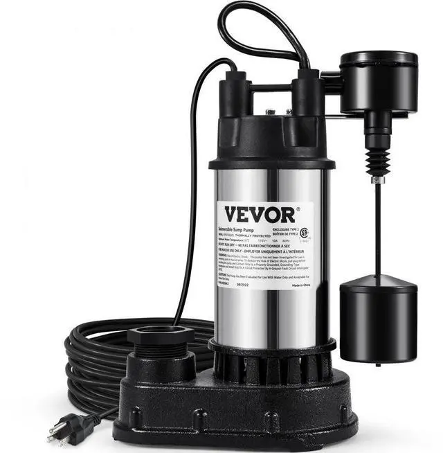 Alt view image 2 of 15 - VEVOR 1.5 HP Submersible Cast Iron and Steel Sump Pump, 6000 GPH Submersible Water Pump with Integrated Vertical Float Switch, for Basement Water Basin and Flooding Area
