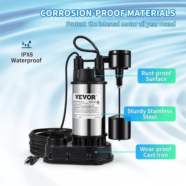 Alt view image 5 of 15 - VEVOR 1.5 HP Submersible Cast Iron and Steel Sump Pump, 6000 GPH Submersible Water Pump with Integrated Vertical Float Switch, for Basement Water Basin and Flooding Area