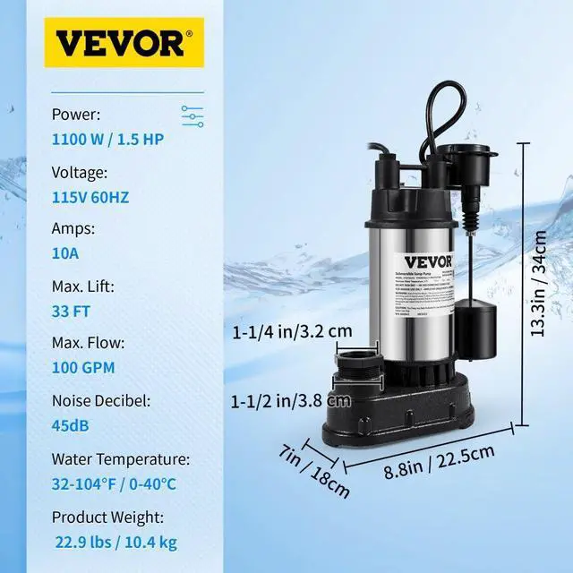 Alt view image 8 of 15 - VEVOR 1.5 HP Submersible Cast Iron and Steel Sump Pump, 6000 GPH Submersible Water Pump with Integrated Vertical Float Switch, for Basement Water Basin and Flooding Area