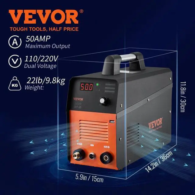 Alt view image 8 of 8 - VEVOR Plasma Cutter, 50Amp, Air Cutting Machine with Plasma Torch, 110V/220V Dual Voltage AC IGBT Inverter Metal Cutting Equipment for 1/2" Clean Cut Aluminum and Stainless Steel, Black