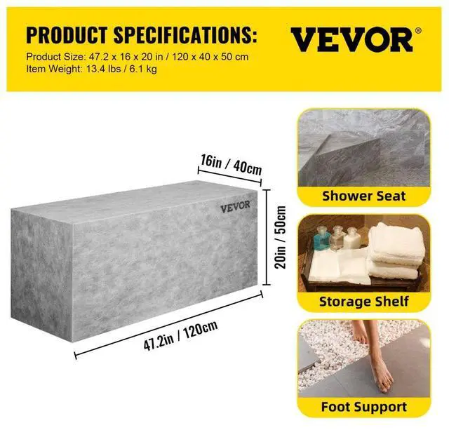 Alt view image 8 of 15 - VEVOR Tile Shower Seat, 47.2" x 16" x 20" Ready to Tile Shower Seat, Factory Waterproof & 100% Leak Proof Tileable Shower Corner Seat, 440lbs Load-Bearing Rectangular Board Shower Bench, Grey