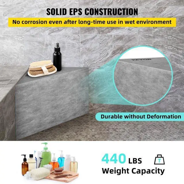 Alt view image 4 of 8 - VEVOR Tile Shower Seat, 22.4" x 16" x 20" Ready to Tile Shower Seat, Factory Waterproof & 100% Leak Proof Tileable Shower Corner Seat, 440lbs Load-Bearing Triangular Board Shower Bench, Grey