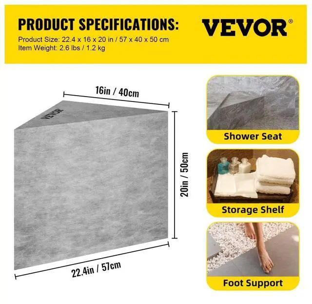 Alt view image 8 of 8 - VEVOR Tile Shower Seat, 22.4" x 16" x 20" Ready to Tile Shower Seat, Factory Waterproof & 100% Leak Proof Tileable Shower Corner Seat, 440lbs Load-Bearing Triangular Board Shower Bench, Grey