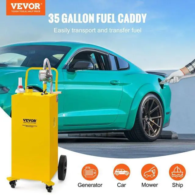 Alt view image 3 of 8 - VEVOR Fuel Caddy, 35 Gallon, Gas Storage Tank on 4 Wheels, with Manuel Transfer Pump, Gasoline Diesel Fuel Container for Cars, Lawn Mowers, ATVs, Boats, More, Yellow