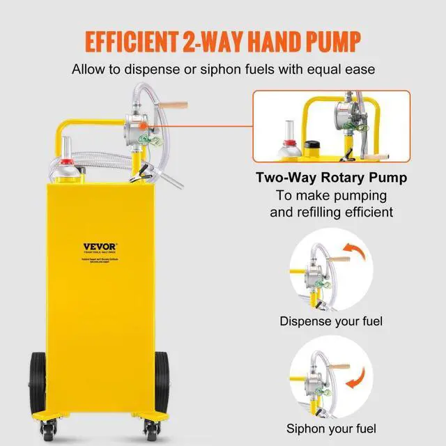 Alt view image 4 of 8 - VEVOR Fuel Caddy, 35 Gallon, Gas Storage Tank on 4 Wheels, with Manuel Transfer Pump, Gasoline Diesel Fuel Container for Cars, Lawn Mowers, ATVs, Boats, More, Yellow