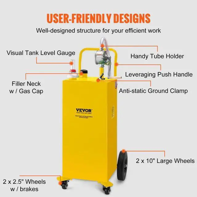 Alt view image 5 of 8 - VEVOR Fuel Caddy, 35 Gallon, Gas Storage Tank on 4 Wheels, with Manuel Transfer Pump, Gasoline Diesel Fuel Container for Cars, Lawn Mowers, ATVs, Boats, More, Yellow
