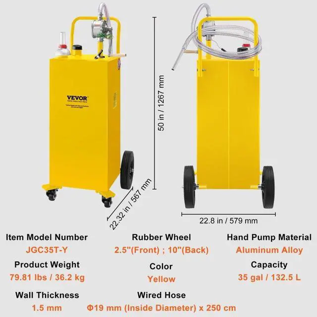 Alt view image 8 of 8 - VEVOR Fuel Caddy, 35 Gallon, Gas Storage Tank on 4 Wheels, with Manuel Transfer Pump, Gasoline Diesel Fuel Container for Cars, Lawn Mowers, ATVs, Boats, More, Yellow